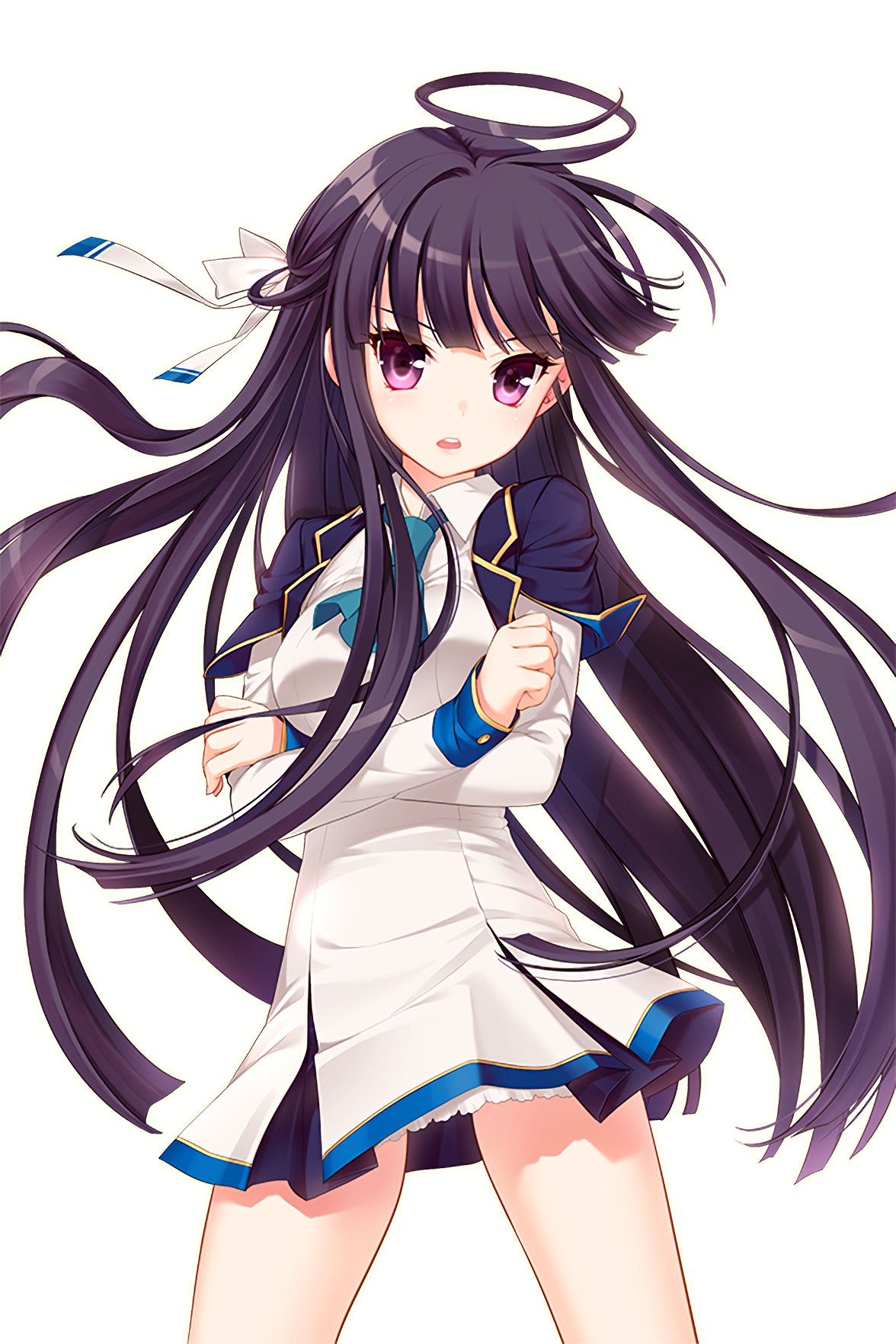 1girl black_hair breasts crossed_arms dress green_neckwear hair_ribbon highres long_hair looking_at_viewer medium_breasts official_art open_mouth pink_eyes resized ribbon shirahane_nao soccer_spirits solo spread_legs transparent_background upscaled ustiel_(soccer_spirits) white_dress white_ribbon