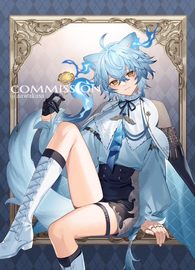 1boy ahoge animal_ears argyle_background argyle_clothes black_cape black_gloves black_shorts black_socks blue_fire blue_hair blue_shirt blush boots brown_eyes cape closed_mouth commission copyright_request fire flame-tipped_tail flower gloves hair_between_eyes half_gloves hand_up head_tilt holding holding_flower lace-up_boots long_sleeves looking_at_viewer male_focus puffy_long_sleeves puffy_sleeves ryuuki_(hydrangea) shirt short_shorts shorts single_glove skeb_commission smile socks solo tail twitter_username white_boots