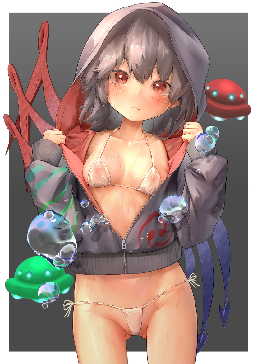 1girl adapted_costume asymmetrical_wings bikini black_hair black_hoodie blue_wings blush bubble cameltoe closed_mouth commentary_request covered_erect_nipples cowboy_shot grey_background hood hood_up hoodie houjuu_nue long_sleeves looking_at_viewer micro_bikini open_clothes open_hoodie pointy_ears red_eyes red_wings short_hair sleeveless solo swimsuit tomoe_(symbol) touhou two-tone_background ufo wet_bikini white_background white_bikini wings yawdeone zipper