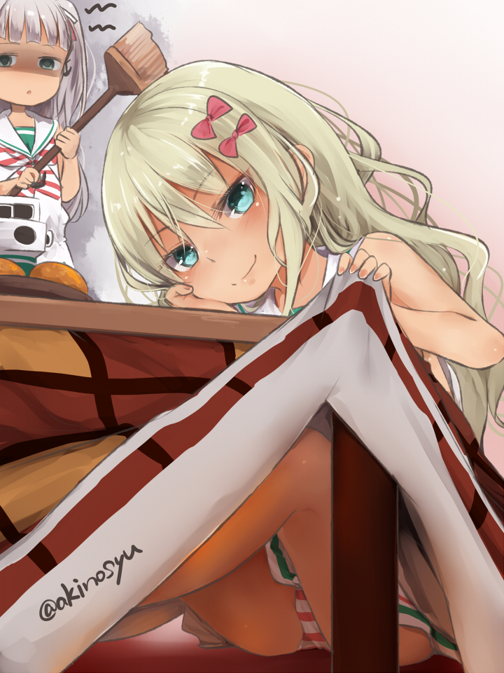 2girls akino_shuu bare_arms bare_shoulders blue_eyes broom brown_hair closed_mouth commentary_request dress food fruit grecale_(kancolle) green_eyes grey_hair hair_between_eyes half-closed_eyes holding holding_broom kantai_collection kotatsu long_hair looking_at_viewer maestrale_(kancolle) mandarin_orange multiple_girls panties parted_lips sailor_collar sailor_dress sitting sleeveless sleeveless_dress smile standing striped_clothes striped_panties table twitter_username under_kotatsu under_table underwear very_long_hair white_dress white_sailor_collar
