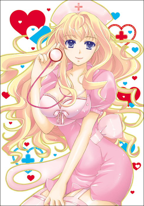 10s 1girl blonde_hair blue_eyes bra breasts female_focus garter_straps hat heart lingerie long_hair macross macross_frontier macross_frontier:_sayonara_no_tsubasa nurse nurse_cap pink_bra pink_thighhighs satou_(satottoro) sheryl_nome smile solo stethoscope thighhighs unbuttoned underwear white_background