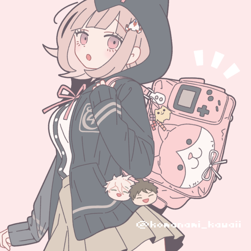 1girl animal_bag blush breasts brown_hair cat_bag collared_shirt danganronpa_(series) danganronpa_2:_goodbye_despair flipped_hair galaga hair_ornament hinata_hajime hood jacket komaeda_nagito komanami_kawaii long_sleeves looking_at_viewer medium_hair nanami_chiaki neck_ribbon open_clothes open_jacket pink_bag pink_eyes pink_ribbon pleated_skirt ribbon shirt skirt solo white_shirt
