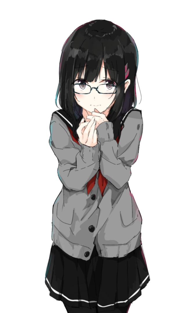 1girl bad_id bad_pixiv_id black-framed_eyewear black_eyes black_hair black_pantyhose black_skirt closed_mouth eyebrows_visible_through_headband female_focus grey_sweater hair_ornament hand_to_own_mouth hands_up long_sleeves looking_at_viewer medium_hair neckerchief original own_hands_together pantyhose pleated_skirt red_neckerchief sailor_collar school_uniform shiina_kuro simple_background skirt solo standing sweater white_background