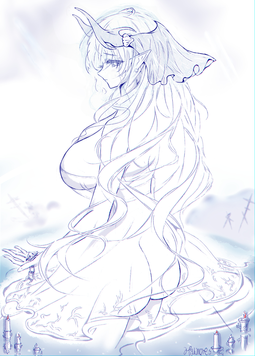 1girl aged_up alternate_breast_size arknights ass bare_shoulders breasts butt_crack candle chain curvy greyscale highmore_(arknights) highres holding holding_chain large_breasts long_ears long_hair looking_over_shoulder monochrome partially_submerged pointy_ears seashell see-through_clothes see-through_skirt shell sketch skirt veil wading wavy_hair