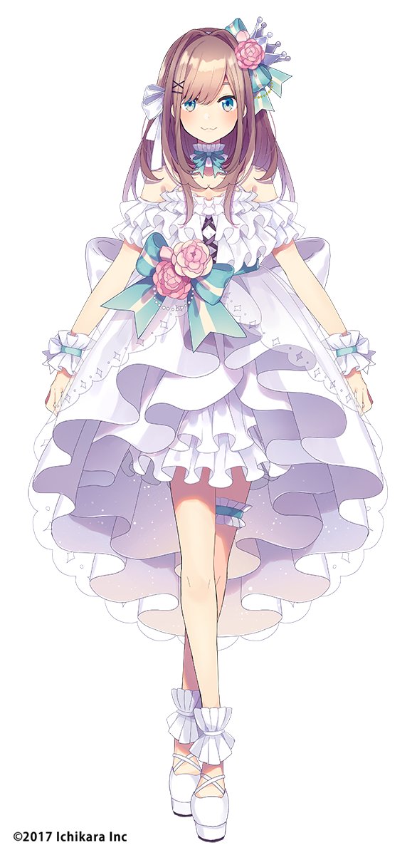 1girl :3 blue_bow blue_eyes blush bow brown_hair closed_mouth commentary crown detached_sleeves dress female_focus flower frilled_thigh_strap full_body hair_between_eyes hair_bow hair_flower hair_ornament high-low_dress highres looking_at_viewer medium_hair nijisanji official_alternate_costume official_art pink_flower platform_footwear saine sash short_dress short_sleeves simple_background solo standing straight-on suzuhara_lulu suzuhara_lulu_(3rd_costume) thigh_strap virtual_youtuber watermark white_background white_bow white_dress white_footwear x_hair_ornament