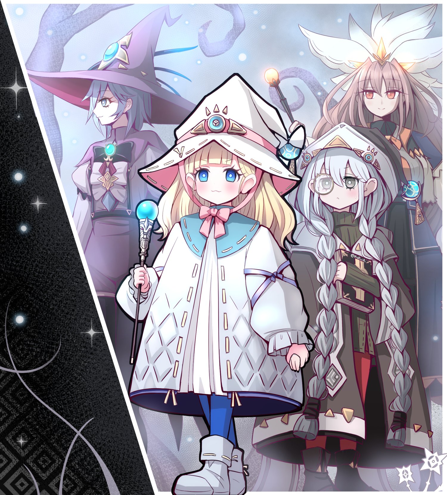 4girls akisame_rizu astellar_of_the_white_forest black_footwear blonde_hair blue_eyes book border braid brown_hair coat diabellstar_the_black_witch diabellze_the_original_sinkeeper dress duel_monster elzette_of_the_white_forest grey_eyes grey_hair hat high-waist_skirt highres holding hood long_hair medium_hair monocle multiple_girls pantyhose rucia_of_the_white_forest short_hair silvy_of_the_white_forest skirt twin_braids walking wand white_border white_dress white_footwear white_hair white_hat witch witch_hat yu-gi-oh! yu-gi-oh!_master_duel