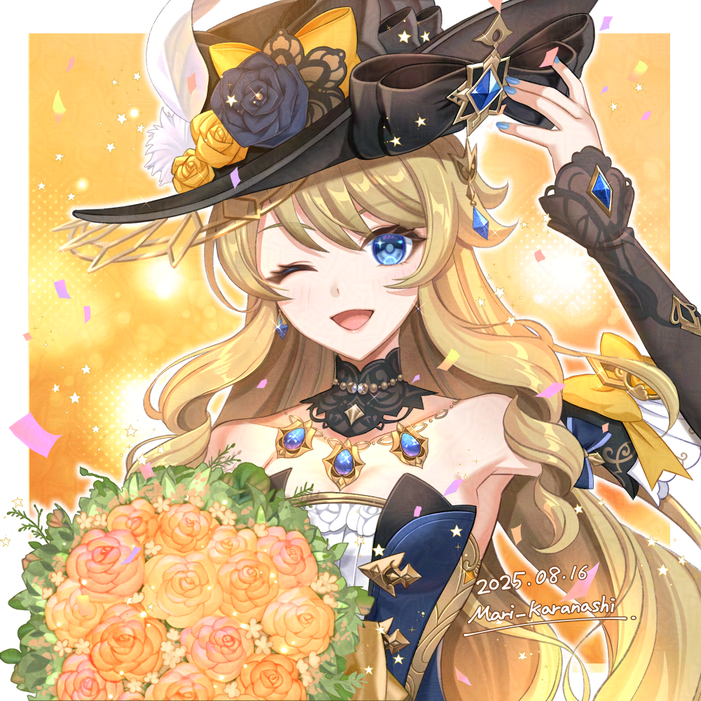 1girl 2025 ;d black_bow black_choker black_flower black_hat black_rose blonde_hair blue_eyes blue_gemstone bouquet bow choker dated earrings feathers floating_hair flower gem genshin_impact hat hat_bow hat_feather holding holding_bouquet jewelry karanashi_mari long_hair long_sleeves looking_at_viewer navia_(genshin_impact) one_eye_closed open_mouth orange_bow orange_flower rose signature sleeves_past_wrists smile solo strapless upper_body very_long_hair white_feathers yellow_flower yellow_rose