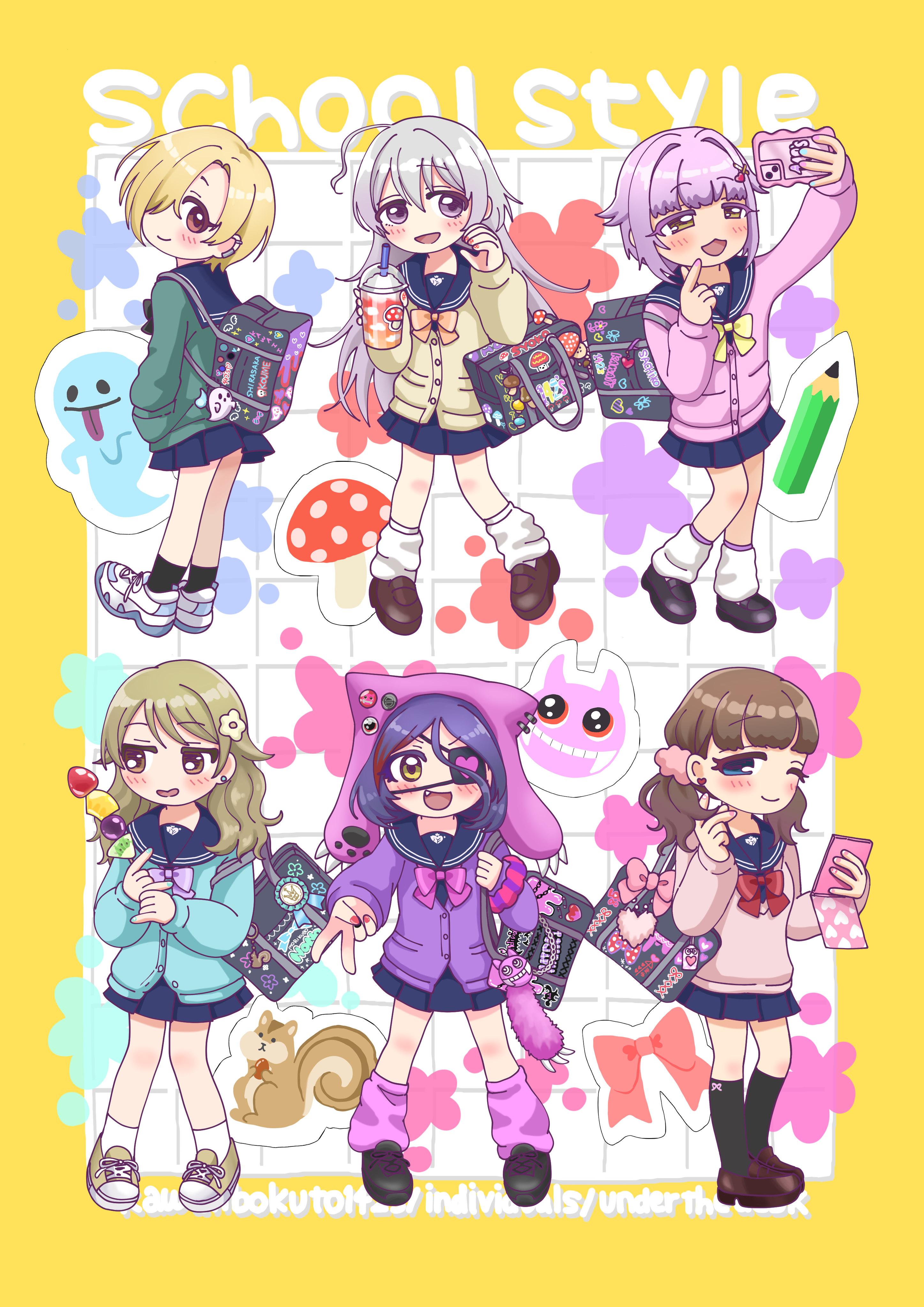 6+girls :d ;) absurdres ahoge aqua_cardigan bag black_socks blonde_hair blue_skirt blush border brown_hair cardigan cellphone charm_(object) commentary_request cup disposable_cup eyepatch fang full_body ghost green_cardigan grey_hair gyaru half-heart_hands hayasaka_mirei highres holding holding_phone hoshi_syoko idolmaster idolmaster_cinderella_girls individuals_(idolmaster) kawaii_boku_to_142's_(idolmaster) kinoko_harem_(idolmaster) kogal koshimizu_sachiko looking_at_viewer loose_socks miniskirt morikubo_nono multiple_girls mushroom nyachtan_yan one_eye_closed open_mouth pencil phone pink_cardigan pink_sweater pleated_skirt purple_cardigan purple_hair purple_socks red_ribbon ribbon sakuma_mayu school_bag school_uniform serafuku shirasaka_koume shoes skirt smile sneakers socks squirrel sweater tanghulu under_the_desk_(idolmaster) v white_socks yellow_border yellow_cardigan