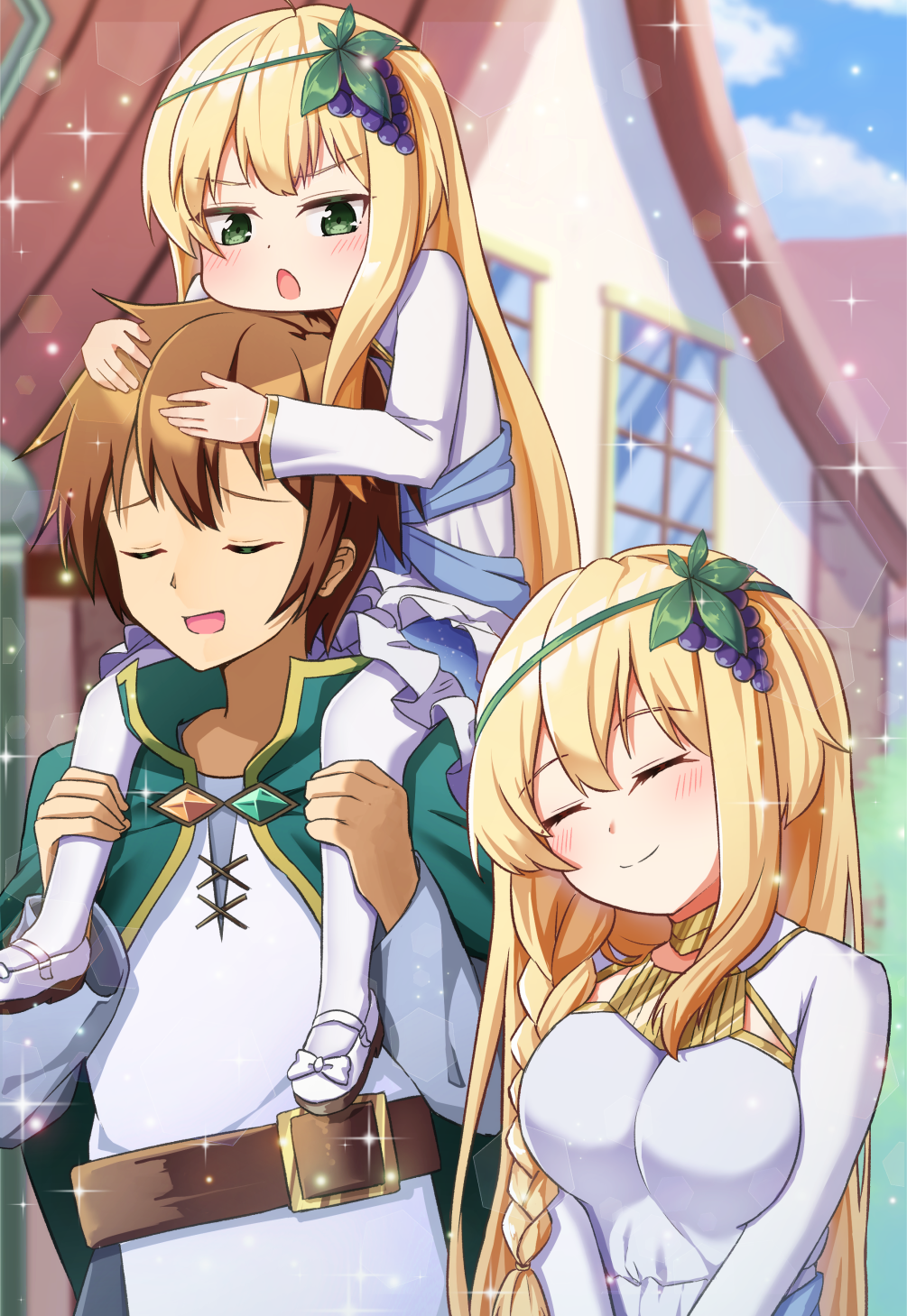 1boy 2girls :d belt belt_buckle blonde_hair blue_sky blurry blurry_background blush bow braid breasts brown_belt brown_hair buckle building carrying cloak closed_eyes closed_mouth cloud commentary_request day depth_of_field dress food-themed_hair_ornament grape_hair_ornament green_cloak green_eyes hair_ornament highres if_they_mated iris_(konosuba) kono_subarashii_sekai_ni_shukufuku_wo! long_hair medium_breasts multiple_girls nenosame open_mouth outdoors pantyhose piggyback satou_kazuma shirt shoes single_braid sky smile very_long_hair white_bow white_dress white_footwear white_pantyhose white_shirt window