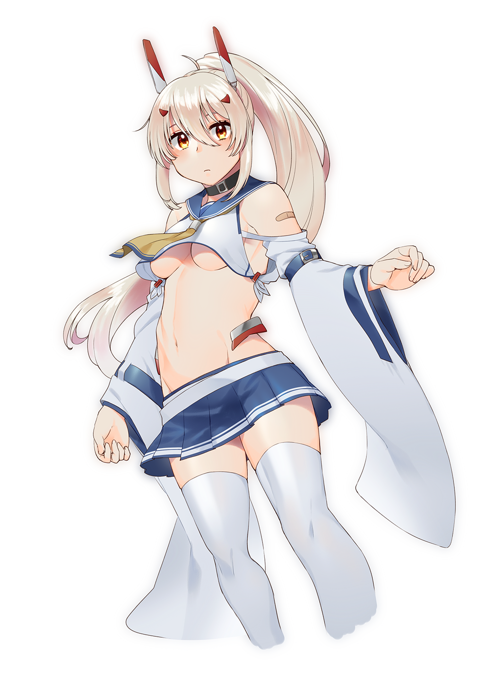 1girl ascot ayanami_(azur_lane) ayanami_(retrofit)_(azur_lane) azur_lane bandaid black_choker blonde_hair blue_sailor_collar blue_skirt breasts choker closed_mouth detached_sleeves female_focus frown groin hair_between_eyes hair_ornament highres long_hair long_sleeves looking_at_viewer maitei_roppa medium_breasts miniskirt navel no_bra pleated_skirt ponytail remodel_(azur_lane) sailor_collar school_uniform serafuku shirt simple_background skirt solo thighhighs underboob white_background white_shirt white_thighhighs wide_sleeves yellow_ascot yellow_eyes zettai_ryouiki