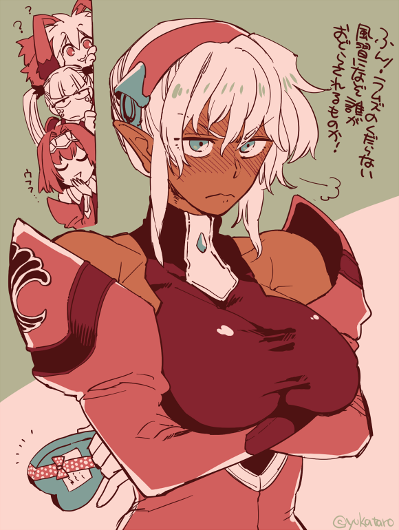 4girls animal_ears blush breasts closed_mouth dark-skinned_female dark_skin dominia_yizkor closed_eyes gloves hairband kelvena_(xenogears) large_breasts long_hair medium_hair multiple_girls pointy_ears rabbit_ears seraphita_(xenogears) short_hair silver_hair smile tolone_(xenogears) twintails xenogears yukataro