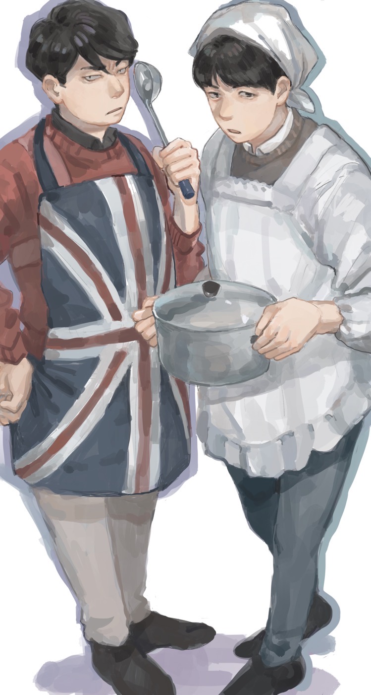 2boys apron black_footwear black_hair character_request cooking_pot flag_print highres ladle long_sleeves mtmr_0721 multiple_boys red_sweater sangatsu_no_lion sanpaku shigeta_morio short_hair simple_background sweater white_background white_headwear
