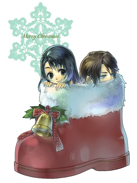 1boy 1girl bell black_eyes black_hair blue_eyes boots brown_hair chibi christmas commentary_request final_fantasy final_fantasy_viii fur-trimmed_boots fur_trim hair_over_shoulder hands_up happy hinokami holly long_hair looking_at_another looking_to_the_side merry_christmas mini_person miniboy minigirl peeking_out polka_dot polka_dot_ribbon red_footwear red_ribbon ribbon rinoa_heartilly scar scar_on_face short_hair smile snowflakes squall_leonhart upper_body white_background white_fur