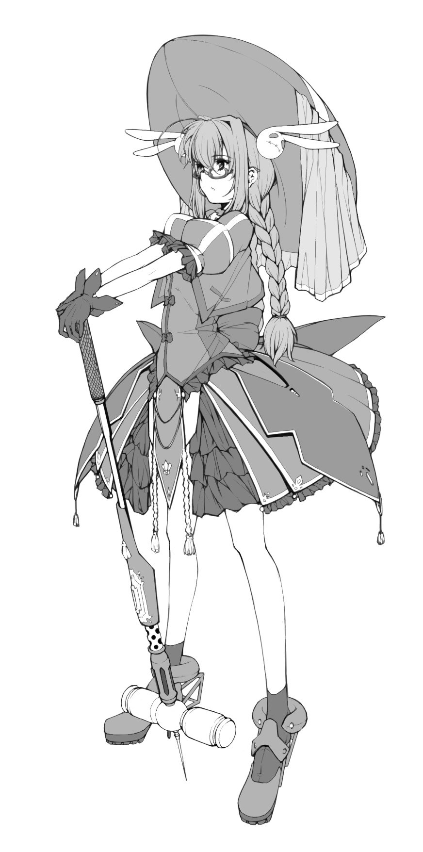1girl aged_up ankle_boots armor armored_dress bad_id bad_twitter_id bespectacled boots bow braid bubble_skirt commentary_request dress female_focus frilled_sleeves frills full_body glasses gloves graf_eisen greyscale hair_tie hammer highres holding holding_weapon jacket large_bow large_hat layered_dress leotard long_hair looking_to_the_side lyrical_nanoha magical_girl medium_dress monochrome parted_lips petag2 playboy_bunny puffy_short_sleeves puffy_sleeves semi-rimless_eyewear shirt short_sleeves skirt socks solo standing twin_braids under-rim_eyewear vita_(nanoha) weapon