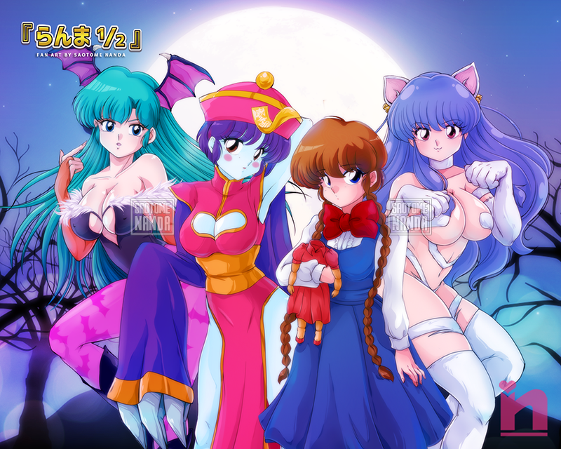 4girls anita_(darkstalkers) anita_(darkstalkers)_(cosplay) blue_eyes blue_hair bow bowtie breasts brown_eyes chinese_clothes cleavage cleavage_cutout clothing_cutout copyright_logo cosplay darkstalkers felicia_(darkstalkers) felicia_(darkstalkers)_(cosplay) full_moon green_hair heart_cutout hsien-ko hsien-ko_(cosplay) huge_moon kuonji_ukyou large_breasts leotard long_hair looking_at_viewer moon morrigan_aensland morrigan_aensland_(cosplay) multiple_girls ofuda orange_hair pelvic_curtain purple_hair ranma-chan ranma_1/2 red_eyes retro_artstyle saotome_nanda saotome_ranma skirt strapless strapless_leotard suspender_skirt suspenders tendou_akane very_long_hair watermark