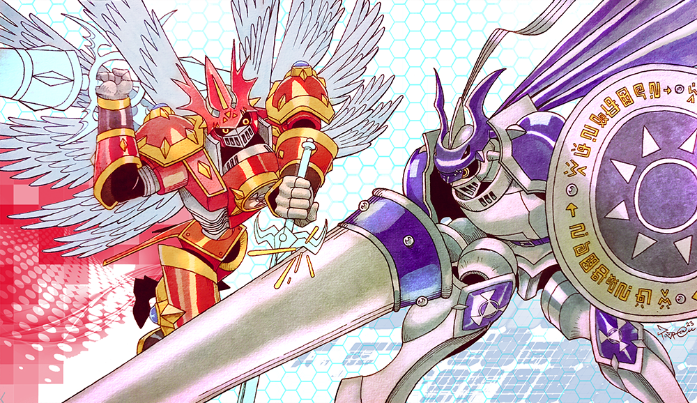 armor asymmetrical_dual_wielding battle buckler chaosdukemon clash dark_persona digimoji digimon digimon_(creature) digital_hazard double_blade dual_persona dual_wielding duel dukemon dukemon_crimson_mode eye_contact feathered_wings full_armor gold_armor gold_trim hand_up helmet holding holding_polearm holding_shield holding_sword holding_weapon honeycomb_(pattern) honeycomb_background knight lance looking_at_another multicolored_armor multiple_wings painting_(medium) plume polearm purple_armor purple_wings red_armor red_helmet shield sparks sword taragraphika traditional_media watercolor_(medium) weapon white_armor white_wings winged_helmet wings yellow_eyes