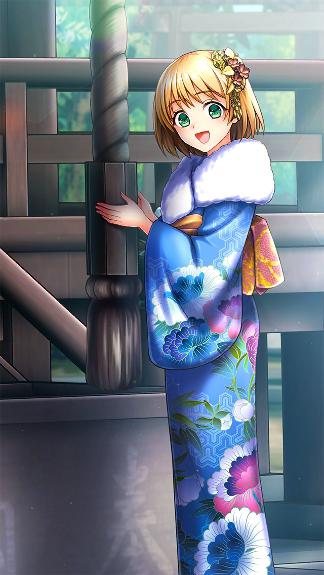 1girl :d blonde_hair blue_kimono day doukyuusei_(series) doukyuusei_another_world floral_print flower fur-trimmed_kimono fur_trim game_cg green_eyes hair_flower hair_ornament japanese_clothes kakyuusei_(series) kakyuusei_2 kimono long_sleeves looking_at_viewer official_art open_mouth outdoors print_kimono red_flower sawamura_kazuki short_hair smile solo standing wide_sleeves