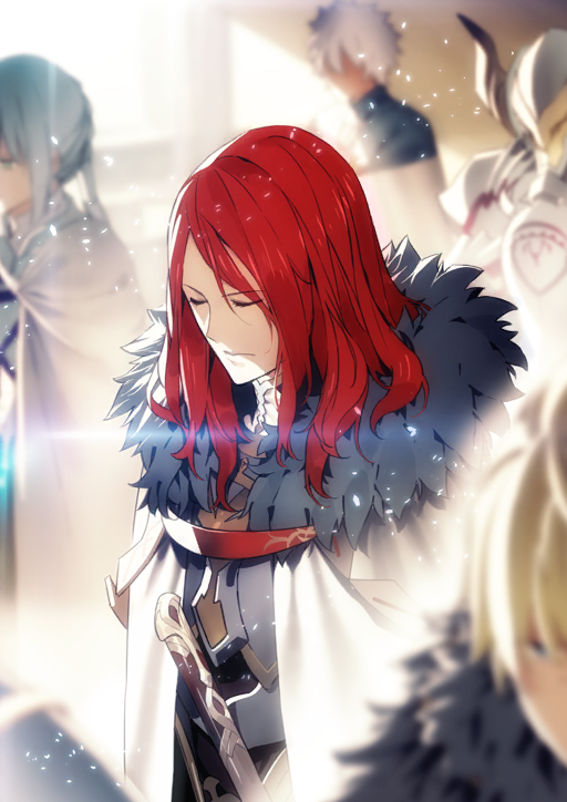 1girl 1other 4boys ambiguous_gender armor bedivere_(fate) bishounen blonde_hair blurry blurry_background blurry_foreground breastplate cape closed_eyes closed_mouth covered_face fake_horns fate/grand_order fate_(series) fur-trimmed_cape fur_trim galahad_(fate) gawain_(fate) helmet high_collar horned_helmet horns knights_of_the_round_table_(fate) light_particles male_focus mordred_(fate) mordred_(fate/apocrypha) morii_shizuki multiple_boys official_art pauldrons red_hair secret_of_pedigree_(fate) shoulder_armor solo_focus sword third-party_source tristan_(fate) upper_body weapon white_cape white_hair