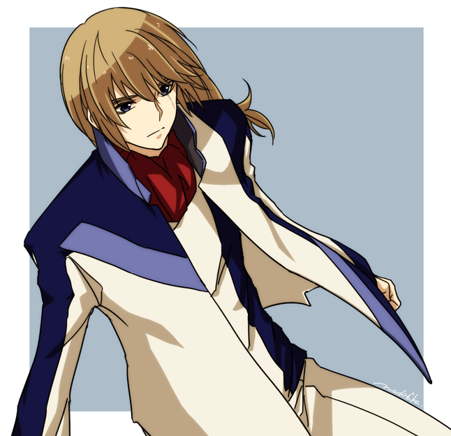 10s 1boy blue_background brown_hair grey_eyes jacket long_hair machi_fuka male_focus minashiro_soushi pants scar signature solo soukyuu_no_fafner uniform