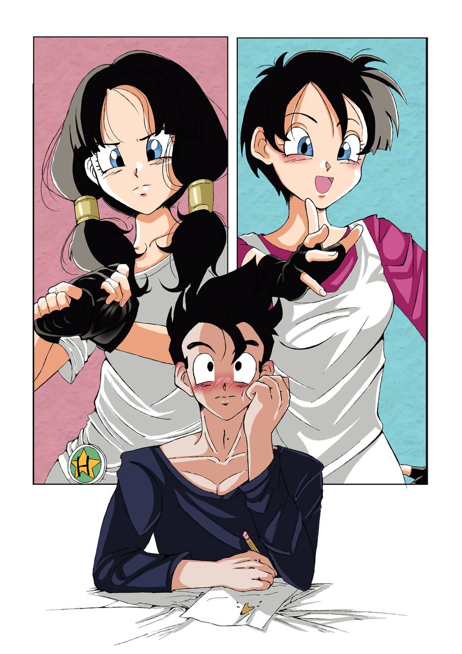adjusting_clothes adjusting_gloves aenna00 asymmetrical_hair black_gloves black_hair blue_eyes blue_shirt blush broken_pencil brooch closed_mouth commentary dragon_ball dragonball_z dual_persona fingerless_gloves gloves hetero highres holding holding_pencil imagining jewelry long_sleeves low_twintails official_alternate_costume official_alternate_hairstyle open_mouth paper pencil pink_shirt serious shirt short_hair short_sleeves smile son_gohan twintails vest videl white_background white_shirt white_vest