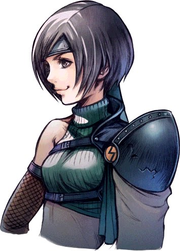 1girl armor blue_sweater breasts brown_eyes brown_hair closed_mouth commentary cropped_arms cropped_torso elbow_gloves english_commentary final_fantasy final_fantasy_vii final_fantasy_vii_g-bike fishnet_gloves fishnets forehead_protector from_side game_cg gloves looking_ahead lowres midriff nomura_tetsuya official_art pauldrons pink_lips profile ribbed_sweater short_hair shoulder_armor single_bare_shoulder single_pauldron sleeveless sleeveless_sweater sleeveless_turtleneck small_breasts smirk smug solo sweater third-party_source turtleneck turtleneck_sweater yuffie_kisaragi