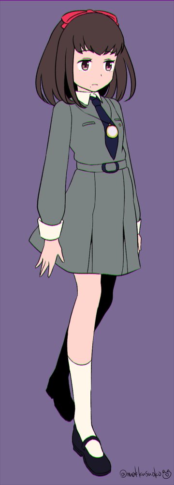 1girl brown_eyes brown_hair closed_mouth do_m_kaeru flat_color full_body hair_ribbon jewelry mole mole_under_mouth necklace necktie persona persona_1 ribbon school_uniform short_hair simple_background skirt socks solo sonomura_maki st._hermelin_school_uniform twitter_username