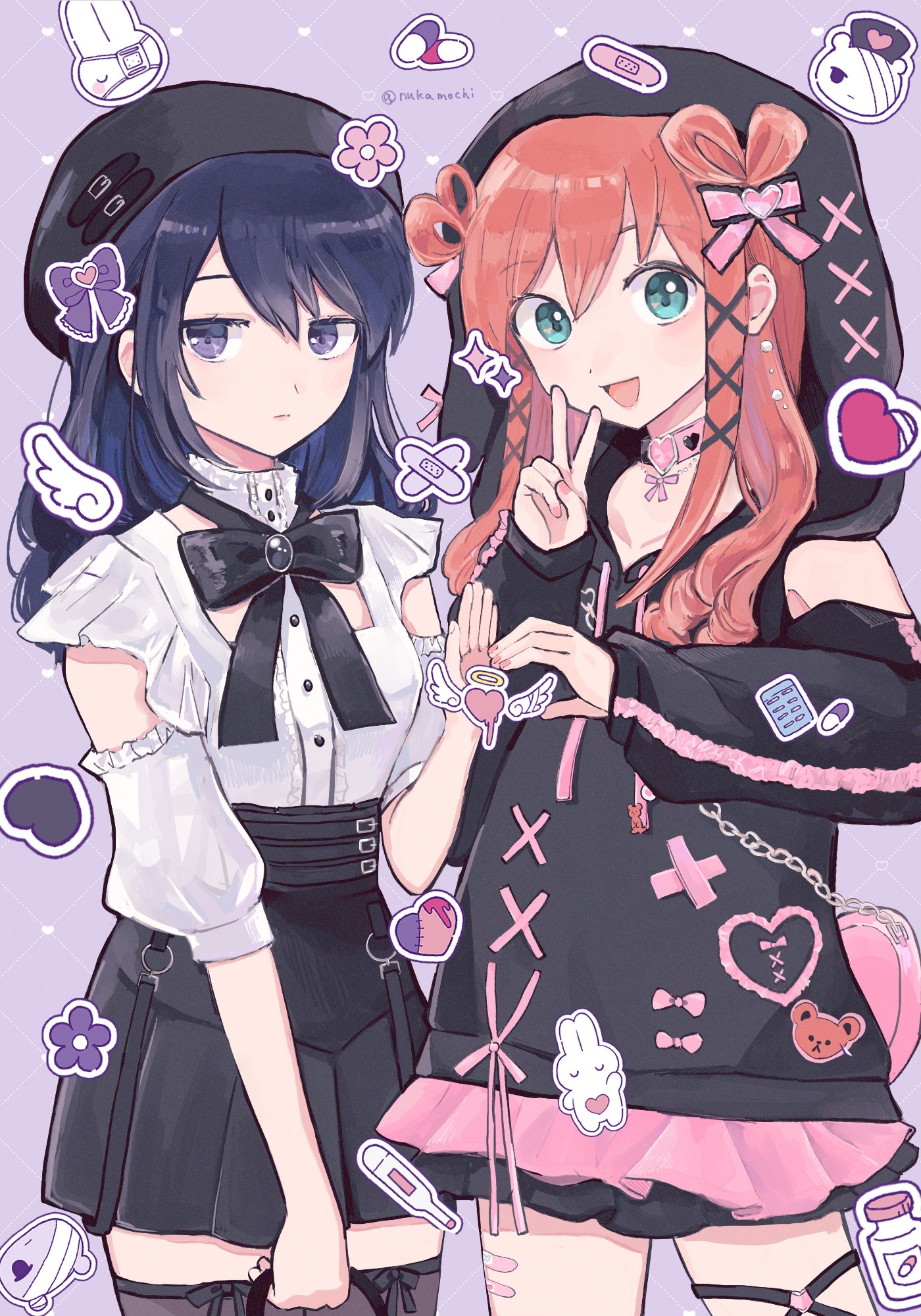 2girls :d bandages bandaid_on_thigh bear belt black_bow black_bowtie black_hair black_hat black_hood black_hoodie black_skirt black_sleeves black_thighhighs bow bowtie buttons chain choker commentary_request cowboy_shot detached_sleeves drawn_wings expressionless eyepatch flower green_eyes grid_background hair_between_eyes hair_down hair_ornament hair_ribbon hand_up hat heart heart_choker heart_hands_failure high-waist_skirt highres hood hood_up hoodie long_hair long_sleeves looking_at_viewer multiple_belts multiple_girls nail_polish nemoto_hina nuka_(nukamochi) o-ring official_alternate_costume official_alternate_hairstyle open_mouth pill pill_bottle pink_bag pink_choker pink_flower pink_hair pink_nails pink_ribbon pink_skirt puffy_short_sleeves puffy_sleeves purple_eyes purple_flower rabbit ribbon ringlets shirt short_sleeves skirt smile sparkle standing tamura_yuri thighhighs twitter_username v watashi_ga_motenai_no_wa_dou_kangaetemo_omaera_ga_warui! white_shirt white_sleeves x_hair_ornament