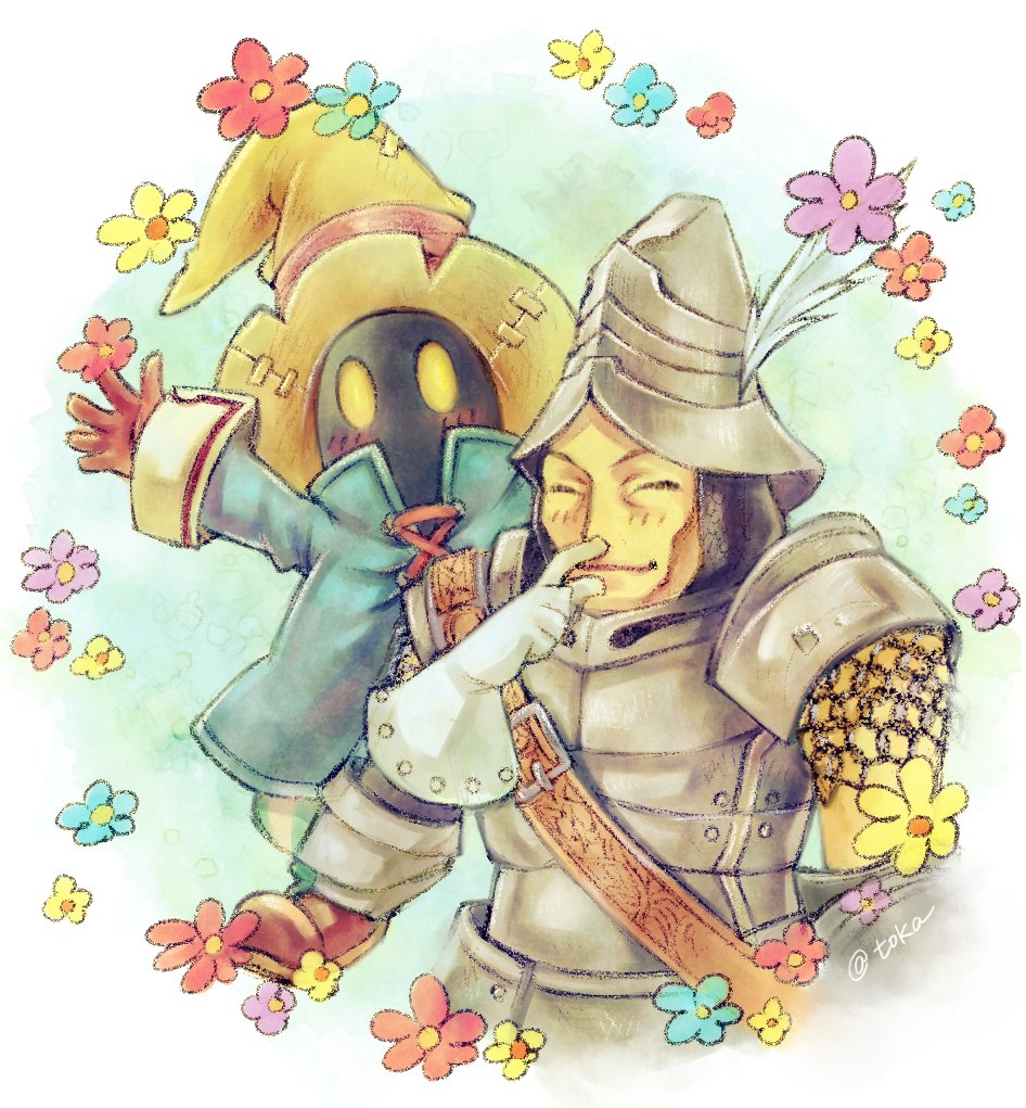 2boys adelbert_steiner armor arms_up black_mage_(final_fantasy) black_skin blue_coat blue_flower blush boots brown_boots brown_gloves closed_eyes closed_mouth coat colored_skin commentary_request final_fantasy final_fantasy_ix finger_to_own_nose flower gloves hat helmet male_focus multiple_boys purple_flower quichi_91 red_flower upper_body vivi_ornitier white_gloves wizard_hat yellow_eyes yellow_flower