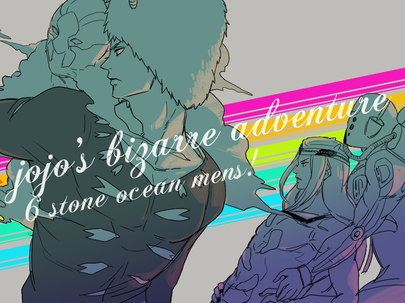 4boys bad_id bad_pixiv_id copyright_name diver_down_(stand) fur_hat hat horns jojo_no_kimyou_na_bouken long_hair male_focus multiple_boys narciso_anasui ororooops rainbow stand_(jojo) stone_ocean weather_report weather_report_(stand)