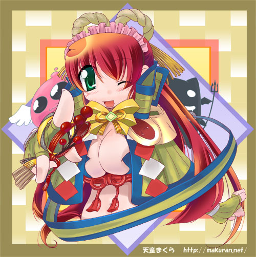 1girl 2000s_(style) angeling bow bowtie breasts brown_background brown_capelet brown_gloves capelet cleavage commentary_request dated_commentary deviruchi fingerless_gloves gloves green_eyes holding holding_pitchfork large_breasts long_hair looking_at_viewer maid_headdress new_year one_eye_closed open_mouth pitchfork ragnarok_online reaching reaching_towards_viewer red_hair sage_(ragnarok_online) shimekazari slime_(creature) smile solo striped_capelet tendou_makura upper_body watermark web_address white_wings wings yellow_bow yellow_bowtie