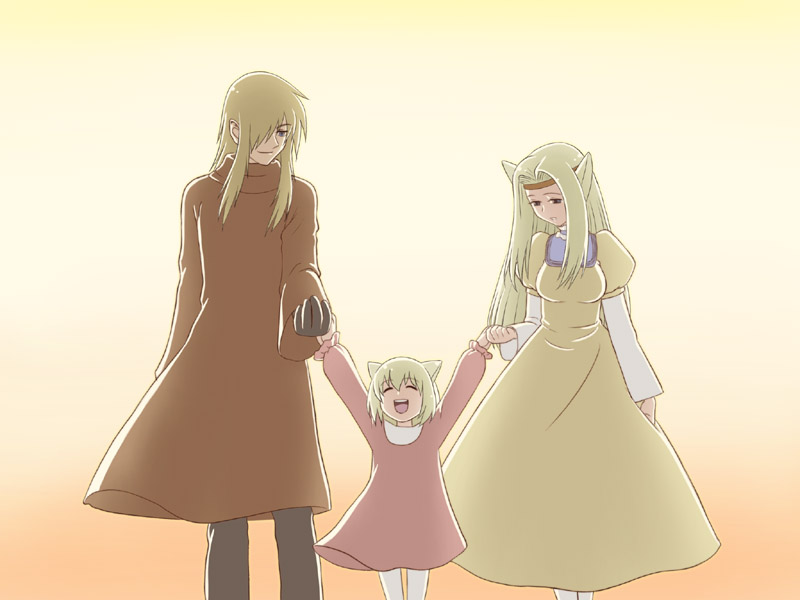 00s 1boy 2girls animal_ears blonde_hair child dress family hair_over_one_eye long_hair long_sleeves memusu multiple_girls pants pantyhose short_hair tengen_toppa_gurren_lagann tsuuma viral_(ttgl)