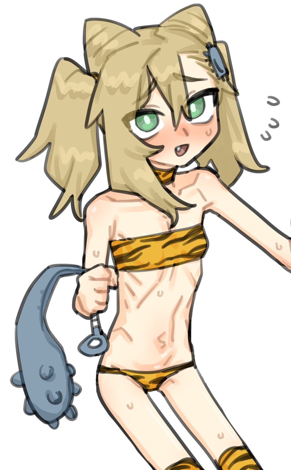 1girl blonde_hair breasts bright_pupils club_(weapon) demon_girl demon_horns fang flaccid green_eyes hair_between_eyes highres horns insect_hair_ornament long_hair lowleg lowleg_panties matangom matangomu-chan original panties pillbug setsubun simple_background skinny small_breasts strapless tube_top twintails underwear weapon white_background white_pupils