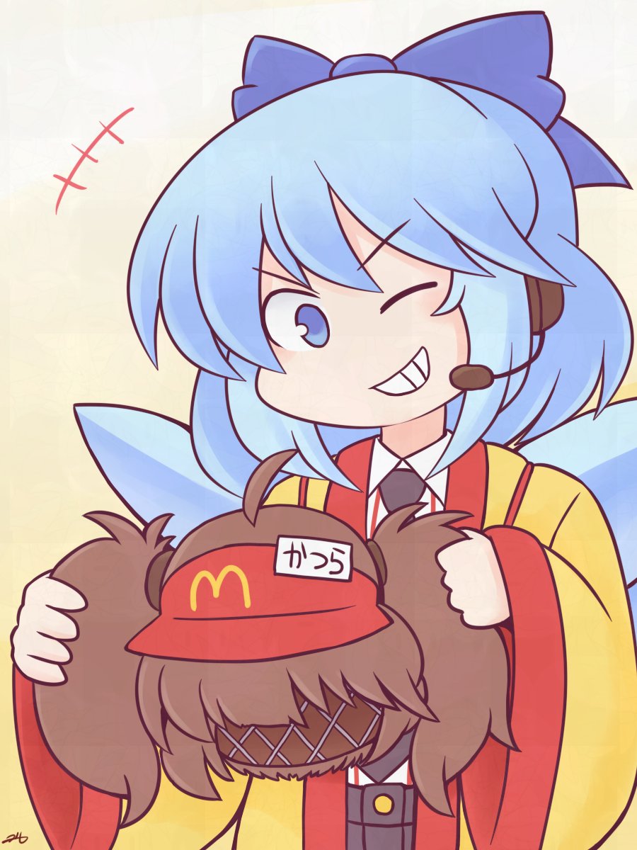 1girl 216 ;d blue_bow blue_eyes blue_hair bow brown_hair cirno cosplay employee_uniform fairy_wings fast_food_uniform hair_bow happi headset highres holding_wig ice ice_wings imadake_dabuchi_tabemi imadake_dabuchi_tabemi_(cosplay) japanese_clothes looking_at_viewer mcdonald&#039;s necktie one_eye_closed open_happi open_mouth pinstripe_pattern pinstripe_shirt red_visor shirt short_hair smile striped_clothes striped_shirt tag touhou twintails vertical-striped_clothes vertical-striped_shirt visor_cap white_shirt wig wings yellow_happi
