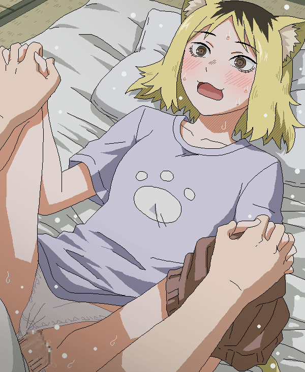 :3 animal_ears bed blonde_hair blush brown_eyes censored clothed_sex clothing_aside open_mouth panties panties_aside penis pillow sex shirt spread_legs t-shirt tagme tomu_(tomubobu) underwear vaginal white_panties yaku_neko yani_neko