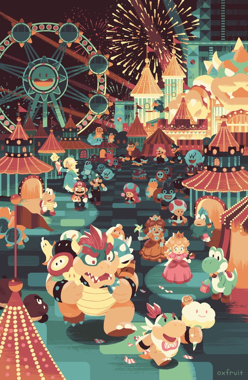 1-up_mushroom 5girls 6+boys :d aerial_fireworks amusement_park artist_name banana_peel bandana birdo black_overalls black_pants blonde_hair blue_dress blue_eyes blue_overalls blue_pants blue_shell_(mario) bob-omb boo_(mario) bow bowser bowser_jr. bracelet broom broom_riding brown_hair building buzzy_beetle candy castle checkerboard_cookie circus_tent claws closed_mouth commentary cookie cotton_candy crepe crown donkey_kong donkey_kong_(series) dress dry_bones earrings elbow_gloves english_commentary eyelashes facial_hair fangs father_and_son ferris_wheel fire_flower fireworks flag flower flower_earrings food food_in_mouth frown ghost gloves goomba green_eyes green_headwear green_shirt hans_tseng hat highres holding holding_candy holding_cotton_candy holding_crepe holding_food holding_lollipop holding_pinwheel holding_pizza holding_sack horns hot_dog jewelry kamek koopa_paratroopa koopa_troopa lakitu lollipop long_hair long_sleeves looking_at_another looking_to_the_side luigi luma_(mario) mario mario_(series) medium_hair mouth_hold multiple_boys multiple_girls mustache nabbit night nintendo no_lineart open_mouth orange_dress outdoors overalls pants pennant pink_dress pinwheel pizza pizza_slice princess_daisy princess_peach puffy_short_sleeves puffy_sleeves purple_headwear purple_shirt red_bow red_eyes red_hair red_headwear red_shirt red_toad_(mario) rosalina sack scenery sharp_teeth shirt short_sleeves shy_guy smile sphere_earrings spike_(mario) spiked_shell spikes spiny spotlight star_(symbol) studded_bracelet super_bell super_leaf super_star_(mario) swirl_lollipop teeth toad_(mario) toadette turtle_shell v-shaped_eyebrows walking waluigi wario white_bandana white_gloves yellow_headwear yellow_shirt yoshi