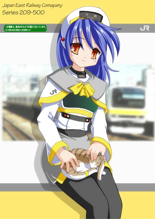 1girl 2000s_(style) animal animal_on_lap archived_source ashita_yaru black_pantyhose blue_hair bow cat cat_on_lap closed_mouth commentary_request drop_shadow east_japan_railway_company grey_skirt long_hair long_sleeves miniskirt multiple_unit_train on_lap orange_eyes original pantyhose personification shirt sitting skirt smile solo train vehicle_and_personification white_shirt yellow_bow