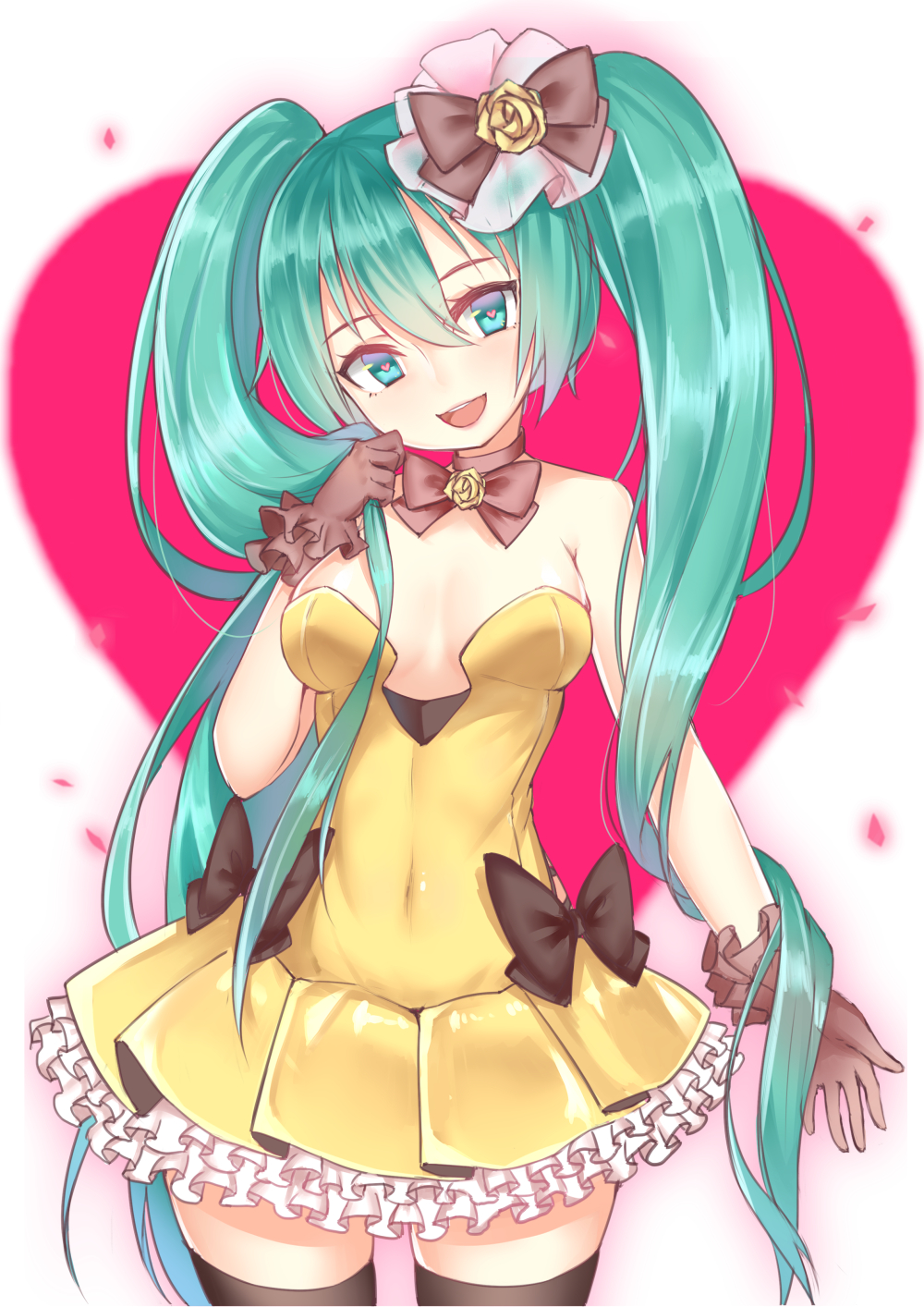 1girl aqua_eyes aqua_hair black_thighhighs dress female_focus gloves hatsune_miku hatsune_miku_(siren) head_tilt heart heart-shaped_pupils highres kochira_koufuku_anshin_iinkai_desu_(vocaloid) long_hair open_mouth solo sunege_(hp0715) symbol-shaped_pupils thighhighs twintails very_long_hair vocaloid zettai_ryouiki
