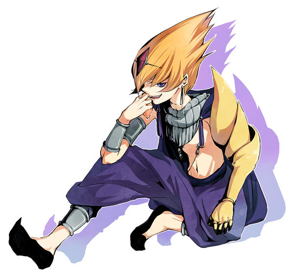 1boy anklet armlet bracelet derivative_work feet jewelry legs lots_of_jewelry male_focus one_eye_covered orange_hair purple_eyes shingetsu_rei shoes simple_background smile topless_male vector_(yu-gi-oh!) vector_trace yu-gi-oh!