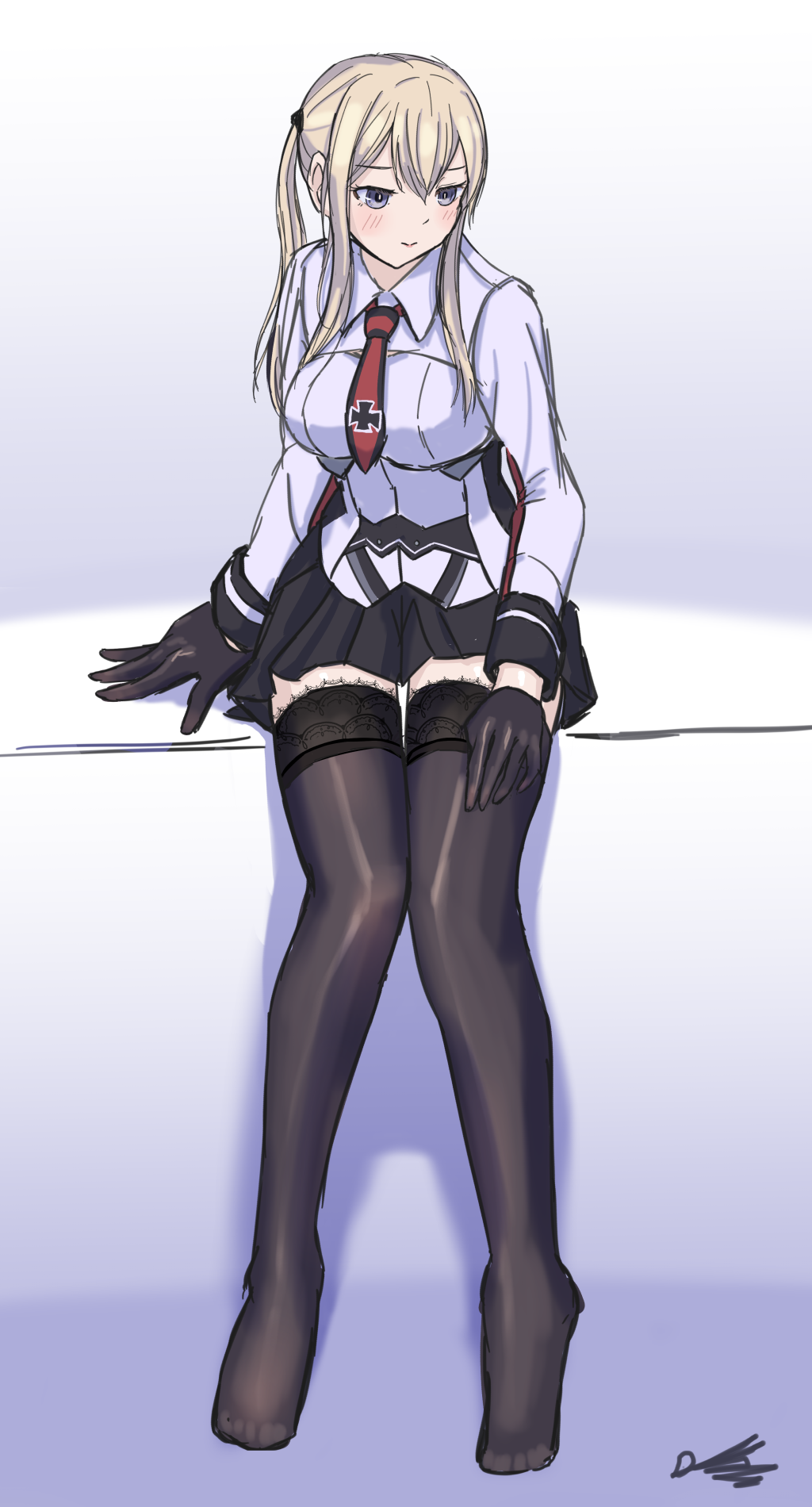 1girl black_gloves black_skirt black_thighhighs blonde_hair blush breasts gloves graf_zeppelin_(kancolle) grey_eyes hair_between_eyes highres kantai_collection large_breasts long_hair looking_to_the_side necktie no_shoes pleated_skirt red_necktie shirt sidelocks signature sitting skirt solo tanasiso thighhighs white_shirt