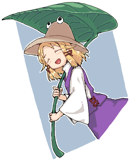 1girl :d blonde_hair blue_background blush closed_eyes cookie_(touhou) hat kaibara_elena_(cookie) leaf_umbrella long_sleeves man_(man-room) medium_hair moriya_suwako open_mouth purple_skirt purple_vest shirt skirt skirt_set smile solo touhou two-tone_background upper_body vest white_shirt wide_sleeves