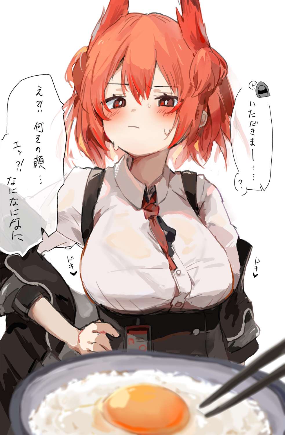 !? 1girl ? arknights black_jacket blurry blurry_foreground blush bra_visible_through_clothes breasts bright_pupils buttons chopsticks collared_shirt doctor_(arknights) double-breasted double-parted_bangs egg_yolk fiammetta_(arknights) hand_on_own_hip heart highres jacket large_breasts looking_at_viewer necktie off_shoulder open_clothes open_jacket pov red_eyes red_hair rice see-through_clothes shirt short_hair speech_bubble suspenders sweat tamagokake_gohan two-tone_necktie two_side_up underbust unitedunti wet wet_clothes wet_shirt white_background