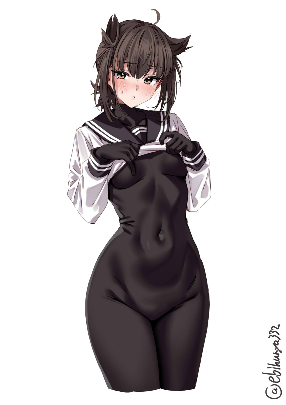 1girl artist_name black_bodysuit black_sailor_collar blush bodystocking bodysuit breasts brown_eyes brown_hair clothes_lift commentary_request covered_navel cropped_legs ebifurya hair_flaps hatsuzuki_(kancolle) highres kantai_collection lifting_own_clothes long_sleeves looking_at_viewer no_pants one-hour_drawing_challenge sailor_collar school_uniform serafuku shirt shirt_lift short_hair simple_background small_breasts solo twitter_username white_background white_shirt
