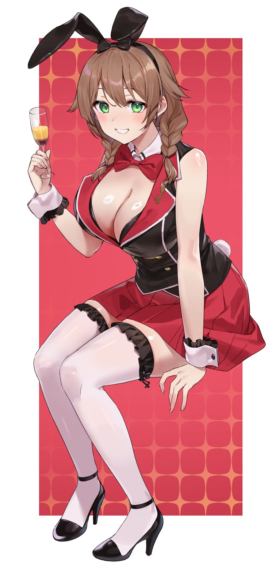 1girl animal_ears arm_support black_bow black_hairband black_shoes black_vest bow bowtie braid breasts brown_hair bunny_garden buttons champagne_flute cleavage collared_vest commentary_request cup double-breasted drinking_glass fake_animal_ears frilled_thighhighs frills full_body green_eyes hair_between_eyes hair_over_shoulder hairband high_heels highres holding holding_cup hostess kana_(bunny_garden) large_breasts looking_at_viewer low_twintails mosomoso pleated_skirt rabbit_ears rabbit_tail red_background red_bow red_bowtie red_skirt shoes sitting skirt smile solo tail thighhighs twin_braids twintails two-tone_background uniform vest white_background white_thighhighs wrist_cuffs