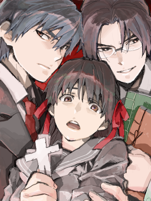1girl 2boys black_hair blunt_bangs book brown_eyes formal_clothes glasses grey_hair hair_ribbon himeno_mikoto himuro_hitoshi holding holding_book indesign kaii_shoukougun kaii_shoukougun_1 kirisaki_shouta long_hair medium_hair multiple_boys necktie paper_doll ribbon school_uniform serafuku short_hair suit