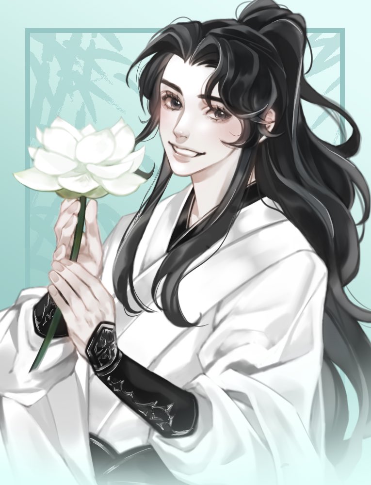 1boy black_eyes black_hair chinese_clothes flower hanfu high_ponytail holding holding_flower korean_commentary long_hair long_sleeves looking_at_viewer lotus luo_binghe male_focus ponytail renzha_fanpai_zijiu_xitong smile solo upper_body white_flower white_hanfu white_lotus yormamessiah