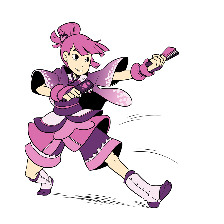 1girl bad_id bad_tumblr_id black_eyes female_focus folded_ponytail full_body heartful_punch japanese_clothes mary_cagle motion_lines original pink_hair shorts sleepless_domain smile solo yosakoi