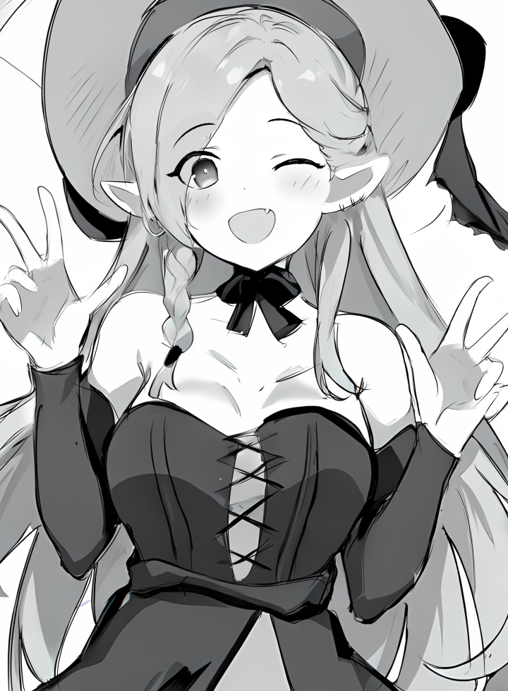 1girl ;d arknights bare_shoulders blush braid breasts commentary_request detached_sleeves dress dungeon_meshi ear_piercing elf fang greyscale hands_up hat long_hair long_sleeves looking_at_viewer marcille_donato medium_breasts monochrome one_eye_closed open_mouth piercing pointy_ears raifu_(rf) simple_background single_braid smile solo strapless strapless_dress swept_bangs very_long_hair white_background