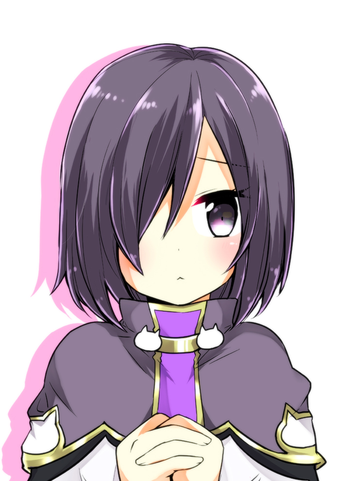1girl :&lt; blush dakara female_focus hair_over_one_eye looking_at_viewer own_hands_together pop-up_story purple_eyes purple_hair short_hair simple_background solo ursula_raiment white_background