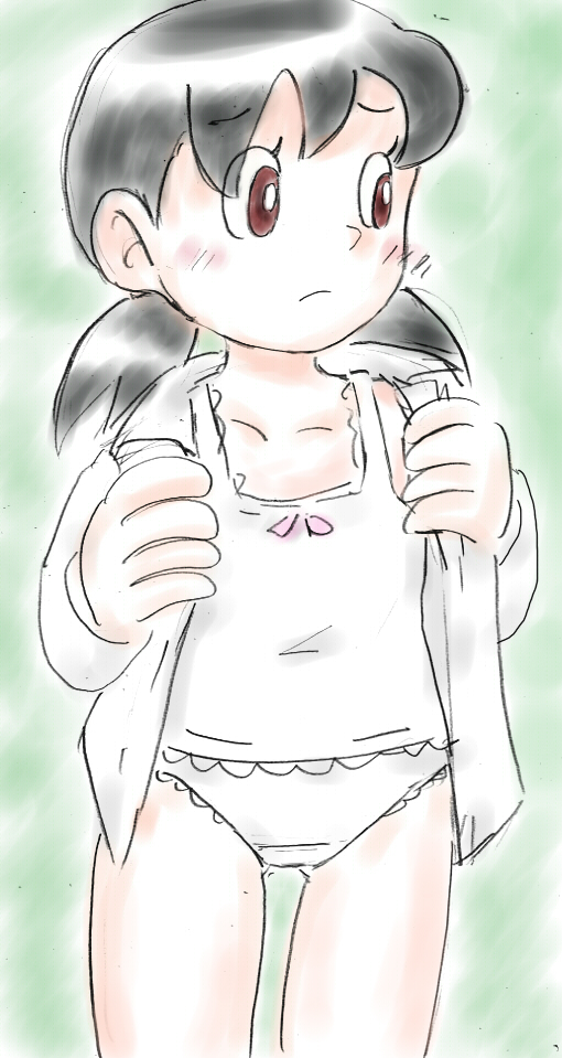 1girl black_hair blush bow bow_camisole brown_eyes camisole collarbone crotch_seam doraemon embarrassed flat_chest green_background jacket lace lace-trimmed_camisole lace-trimmed_panties lace_trim long_sleeves looking_to_the_side low_twintails minamoto_shizuka open_clothes open_jacket panties pink_bow removing_jacket short_hair standing su_(pixiv_263717) twintails underwear white_camisole white_jacket white_panties