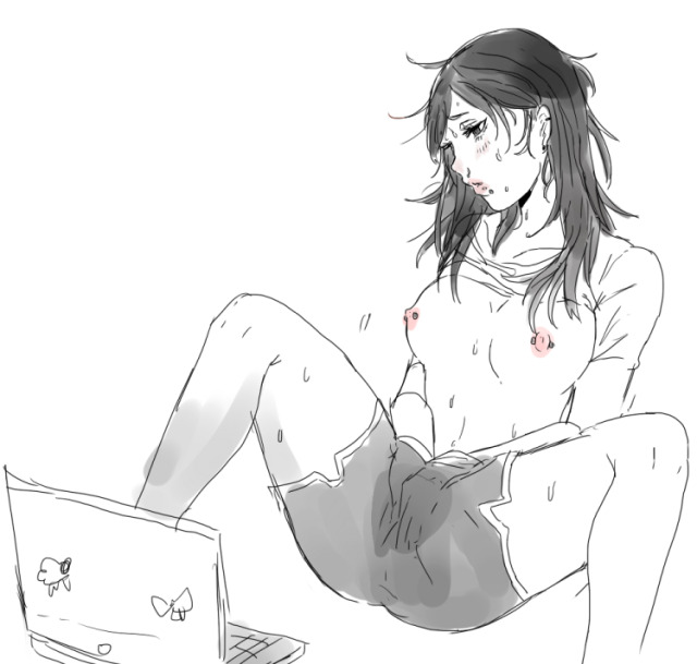 1girl breasts breasts_out clothes_lift computer female_masturbation greyscale hand_in_pants laptop masturbation monochrome nipple_piercing piercing shirt_lift shorts sweat